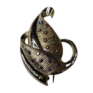 Vintage Gold Tone Leaf Brooch With Encrusted Aurora Borealis Rhinestones u